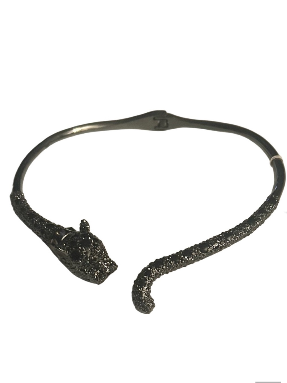 Betsey Johnson panther hinged metal necklace with black crystals.